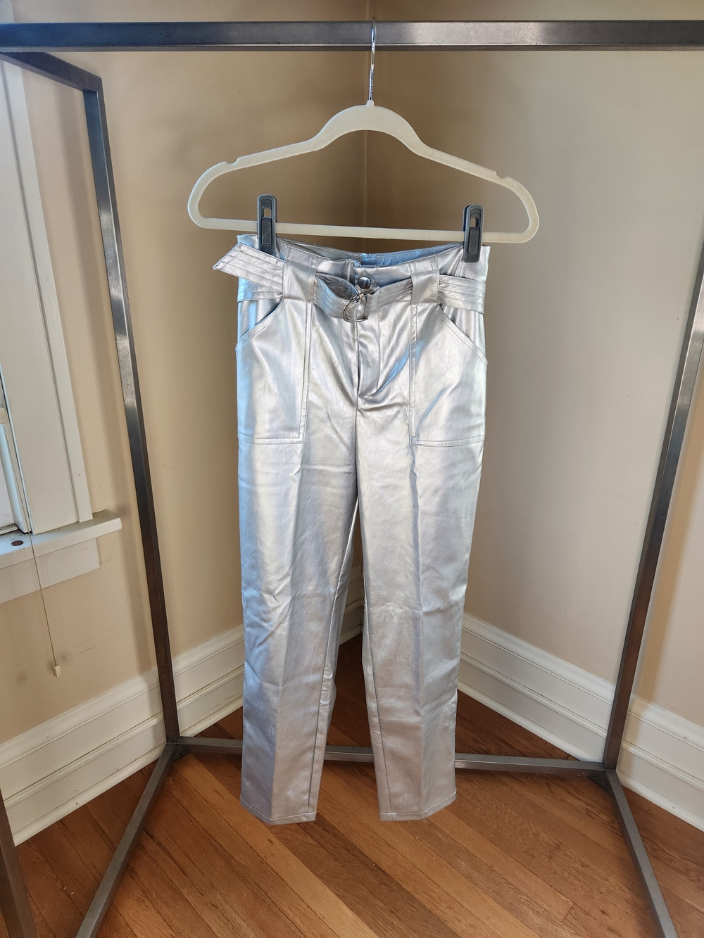 superdown Metallic Silver High-Waist Faux Leather Trousers